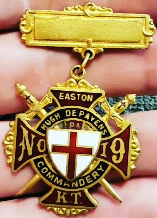 Rare 1900s Gold Tone Easton Pennsylvania Masonic Knights Templar Medal Badge