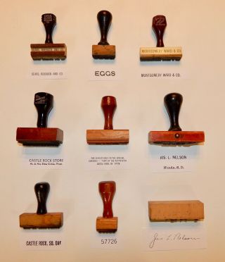 9 Vintage Rubber Stamps Wood Handle Sears,  Montgomery Ward,  Castle Rock,  S.  D.
