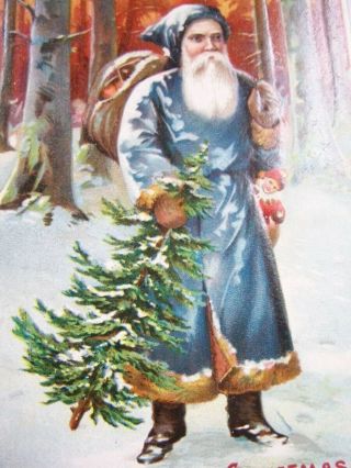 Marry Christmas Santa Dark Blue Coat Hat Holing Tree And Toys In Woods Postcard