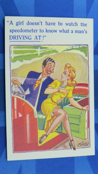 Risque Comic Postcard 1940s Nylons Stockings Boobs Motoring Speedometer Theme