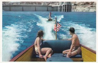Water Skiing Lake Mead Hoover Dam Nevada Postcard 1950 