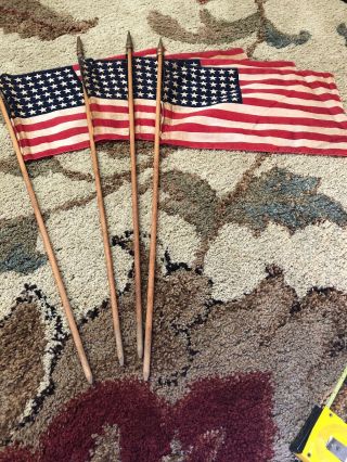 Vintage 48 Star American Parade Flags Wood Stick/pole - 16.  5” X10” Pole 32” (4)