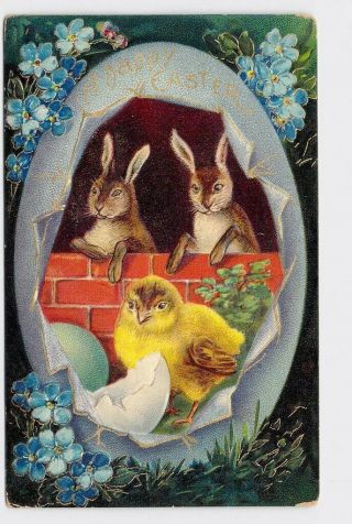 Antique Postcard Easter Bunny Rabbit Chick Egg Violets Gold Embossed 2