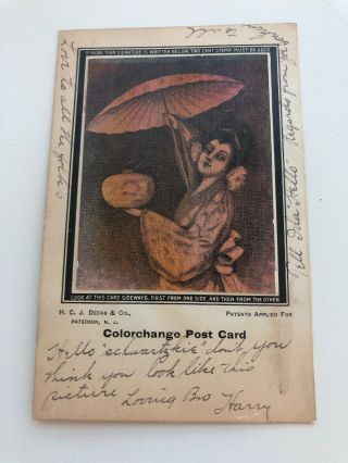 1907 Colorchange Novelty Postcard H C J Deeks Co.  Lady With Umbrella And Pot