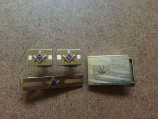 Vintage Gold Tone Masonic Mason Cuff Links Belt Buckle And Tie Clip Set