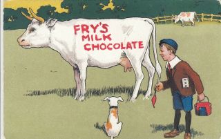 Fry’s Milk Chocolate Ad Postcard W Boy Painting Sign On White Cow C1920