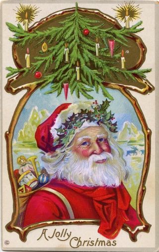 Christmas Dreamy Santa At N.  Pole W/ Holly Crown & Candle Tree Stecher Postcard