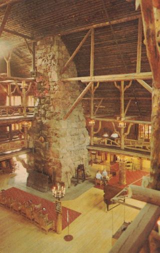 Yellowstone Park Postcard - " Old Faithful Inn Lobby " /massive Fireplace/