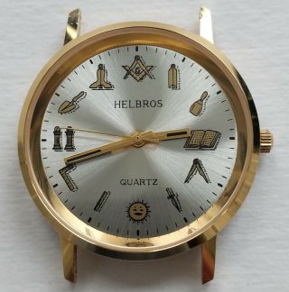Vintage Helbros Masonic Watch Gold Plated With Masonic Symbols For Hour Markers