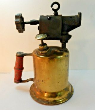 Wow Antique Turner Brass Blow Torch With Wood Handle Steampunk Art Usa