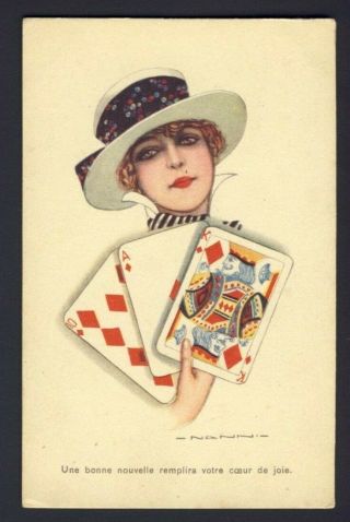 Nanni A/s Woman White Brimmed Hat,  Holding Playing Cards 10,  A,  K Of Diamonds