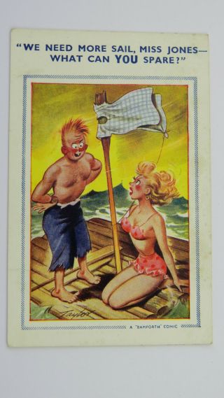 1950s Risque Vintage Comic Postcard Big Boobs Bra Knickers Sailing Life Raft