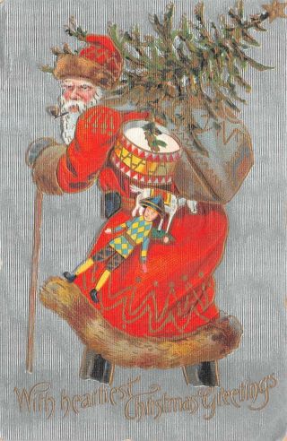 Christmas Holiday Red Suited Santa Claus Tree Toys Embossed Postcard 1912