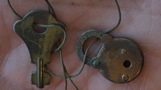 Vintage Antique Old Small Eagle Lock Co brass,  unique,  with key 3