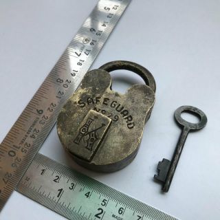 Old Antique Brass Padlock Or Lock With Key Small Or Miniature " Safe Guard "