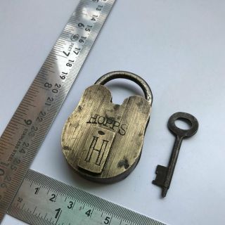 Old Antique Brass Padlock Or Lock With Key Small Or Miniature " Hopps "
