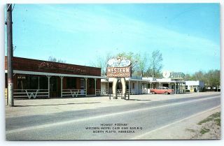 Postcard Ne North Platte Western Motel Cafe Bbq Cowboy Sign 1950 