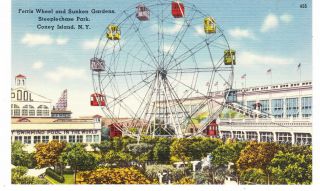 Coney Island Ferris Wheel & Sunken Gardens Linen,  Steeplechase Park,  Brooklyn Ny