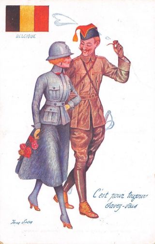 Xavier Sager Wwi Patriotic Belgium Lady Soldier Walks W/ Man Of War Flag Allies