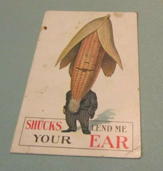 1910 Era Shucks Lend Me Your Ear Anthropomorphic Corn Cob Head Comic Postcard 3