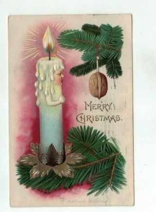Antique 1907 Embossed Christmas Post Card Anthropomorphic Face In Candle