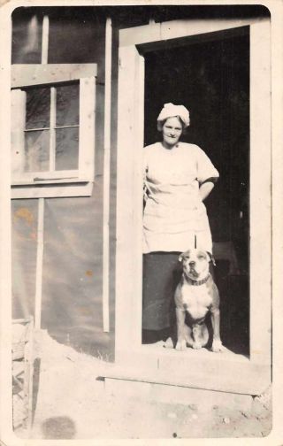 Woman In Doorway With Pitbull Dog Real Photo Vintage Postcard Jf235155