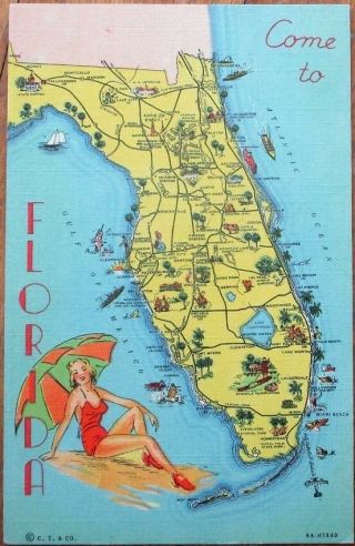 Pinup/bathing Beauty & Florida Map Fl 1950 Art Deco Curt Teich Linen Postcard