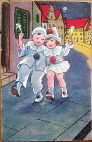 Art Deco 1926 Postcard: Pierrot Clown Young Couple Drinking In Streets At Night