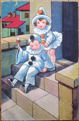 Art Deco 1926 Postcard: Pierrot Clown Drunk Boy & Girl Helping Him