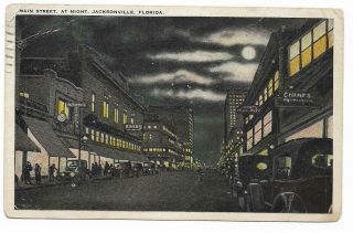 Vintage Florida Linen Postcard Main Street At Night Jacksonville
