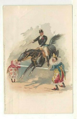 C1900 Udb German Circus Art Postcard: Horse Jumping With Clowns – L.  Franzl