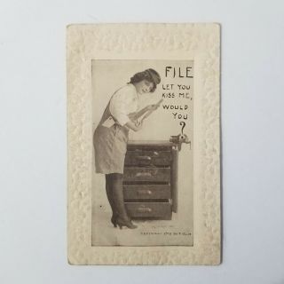 Rare Vintage F.  Bluh C 1910 Lady Carpenter Cheesecake Postcard File Embossed