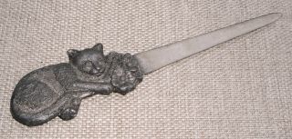 Vintage Pewter Letter Opener Cat With Flowers Handle Decorated 192f