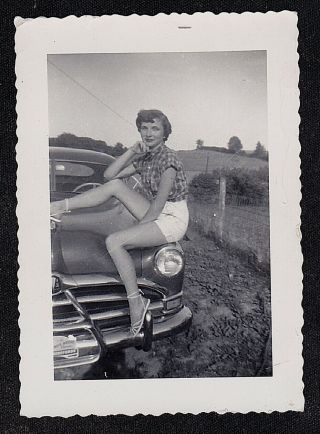 Antique Vintage Photograph Sexy Young Woman Sitting On Hood Of Car
