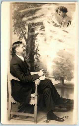 Vintage 1910s Rppc Real Photo Postcard Trick Photography Man Dreaming Of Woman