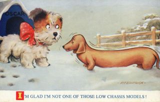 Vintage Comic Dachsund Sausage Dog Meets Terrier Bamforth Oscar The Pup Postcard