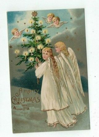 Antique 1909 Embossed Christmas Post Card Full Body Winged Angels Tree Gold Foil