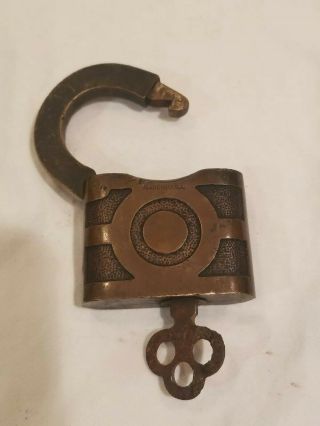Eagle Bullseye Lock W/key Rare,  Antique.  Terryville Connecticut Padlock Brass