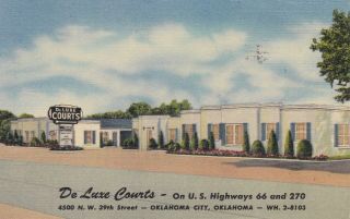 Oklahoma City,  Ok,  Linen Postcard,  Route 66 Motel,  De Luxe Courts 1955 Postmark