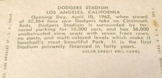 1962 Los Angeles Dodgers Baseball Stadium Los Angeles California Post Card MLB 2