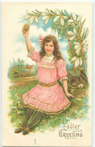 Easter Girl W Egg Gold Embossed 1900 