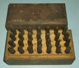 Vintage Greenfield Machine Made Steel Letters Stamp Set In Wood Box 28 1/8 "
