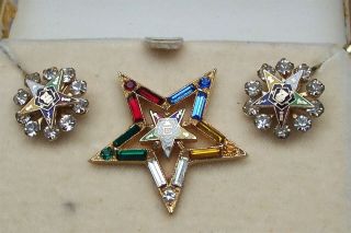 Vintage Masonic Order Of The Eastern Star Enameled Jeweled Pin,  Earrings Set