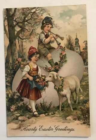 Children With Lamb & Big Egg Antique Embossed Pfb Easter Postcard - C690