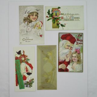 3 Vintage Christmas Postcards 2 Money Holders Girl Doll Thin Santa Red Faced