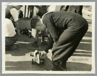 922 Bending Over A Toy Tether Race Car,  Man,  Vintage Photo