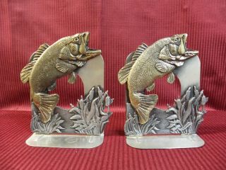 Brass Large Mouth Bass Fish Metzke 1984 Pewter Cattails Bookends Marked