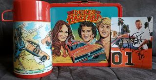 Vintage Dukes Of Hazzard Lunch Box With Thermos 1980 And Bo Duke Auto Signed Pic
