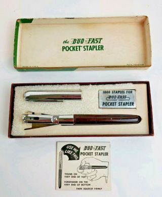 Vintage Duo - Fast Pocket Stapler Pen W/ Directions & Box,  Engraved " E.  H.  Toby "