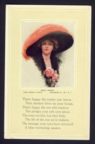 Frank H.  Desch A/s Art Deco Poem Flora Pink Plume Merry Widow Style Hat Roses